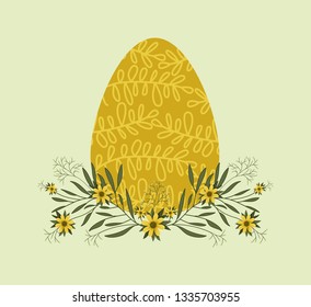 happy easter card with egg painted and flowers