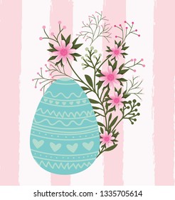 happy easter card with egg painted and flowers