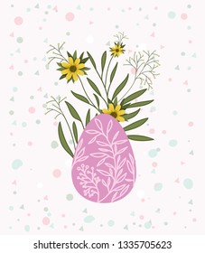happy easter card with egg painted and flowers