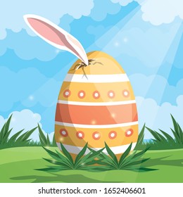 feliz tarjeta de Pascua pintada de huevo con ilustración vectorial de conejo auricular