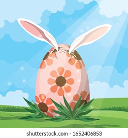 happy easter card of egg painted with ears rabbit vector illustration design