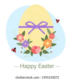 Happy Easter. Easter card. Easter egg with patterns and flowers. Ladybird. Vector illustration