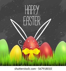 Happy Easter Card with Egg Rabbit in Grass on dark chalkboard. Greeting Vector illustration for banner, promotion.