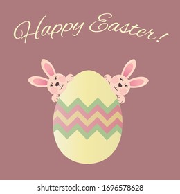 Happy Easter card with egg and two bunnies