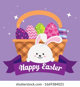 tarjeta de Pascua feliz con huevos en mimbre de canasta y conejo diseño de ilustración vectorial