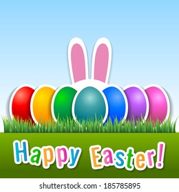 Happy Easter card with eggs and bunny ears. Vector illustration
