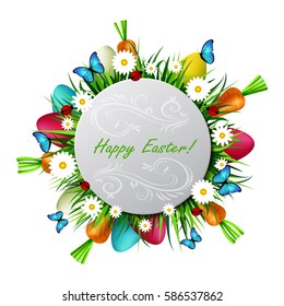 Happy Easter card with eggs camomiles butterflyes ladybugs carrots and grass