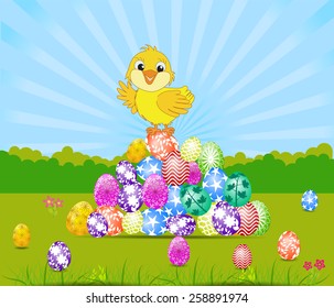 Happy Easter card with eggs and chick
