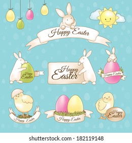 Happy Easter card, eggs, cute rabbit, basket, easter chick, funny decorative elements. Vector illustration. Use for the menu, in the card or stickers. Easy to edit.