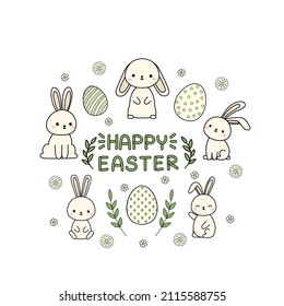 Happy easter card with eggs, cute bunnies and flowers