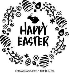 Happy Easter card with easter eggs, cute bunnies, flowers, leaves and sprigs.