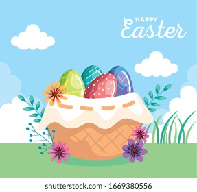 happy easter card with eggs decorated in basket wicker vector illustration design