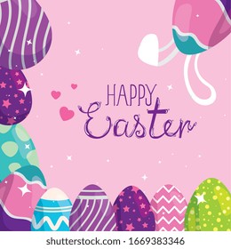 happy easter card with eggs decorated vector illustration design