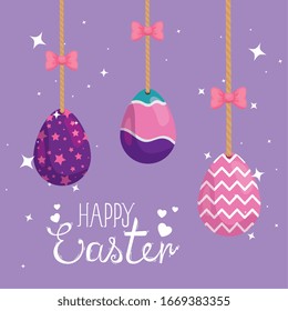 happy easter card with eggs decorated hanging vector illustration design