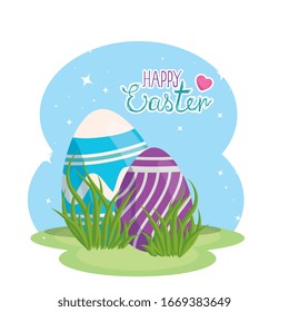 happy easter card with eggs decorated in grass vector illustration design