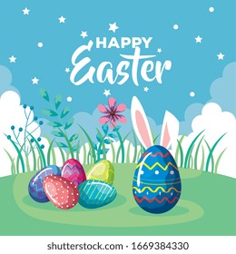 happy easter card with eggs decorated in grass vector illustration design