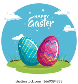 happy easter card with eggs decorated in grass vector illustration design