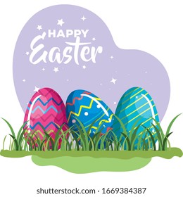 happy easter card with eggs decorated in grass vector illustration design