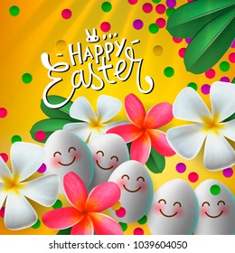 Happy Easter card with eggs and flowers, bright yellow background, floral paints, vector illustration