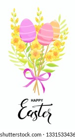 Happy Easter card with eggs and flowers bouquet. Vector illustration.
