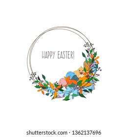 Happy Easter card with eggs, flowers and chicken. Vector illustration.