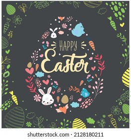 happy Easter card with eggs, flowers, rabbits and birds. cute vector illustration design.