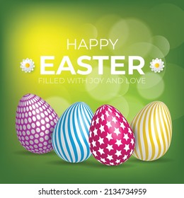 Happy Easter Card with Eggs, Flowers And Bokeh Effect. Vector illustration