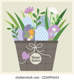 Happy easter card with eggs and flowers in the basket