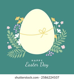 Happy easter card with eggs and flowers. Spring flat flower background.