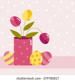 happy easter card with eggs, flowers, vector illustration