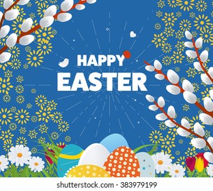 Happy Easter Card with Eggs, Flowers.