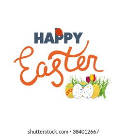 Happy Easter Card with Eggs, Flowers.