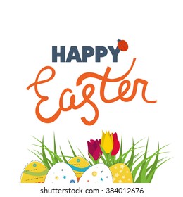 Happy Easter Card with Eggs, Flowers. 