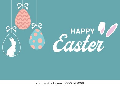Frohe Osterkarte mit Ostereiern, Garland und Kaninchen. .Grüße und Geschenke für den Ostertag im flachen Laienstil.Promotion and shopping Template für den Ostertag