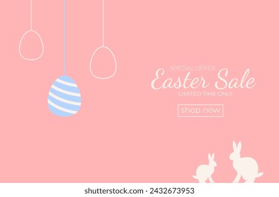 Happy Easter card with easter eggs garland and rabbit. Greetings and presents for Easter Day in flat lay styling. Promotion and shopping template. Vector illustration