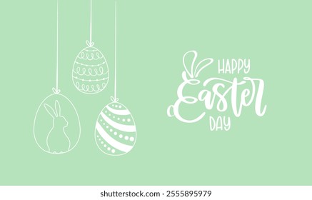 Happy Easter card with easter eggs garland and rabbit. Simple vector decoration
