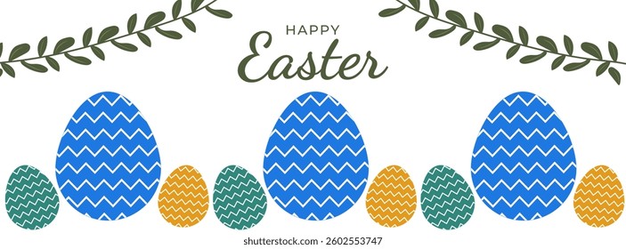 Happy Easter card with easter eggs garland and rabbit. Simple vector decoration with handwrite, spring flowers and white background