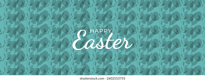 Happy Easter card with easter eggs garland and rabbit. Simple vector decoration with handwrite, spring flowers and grass