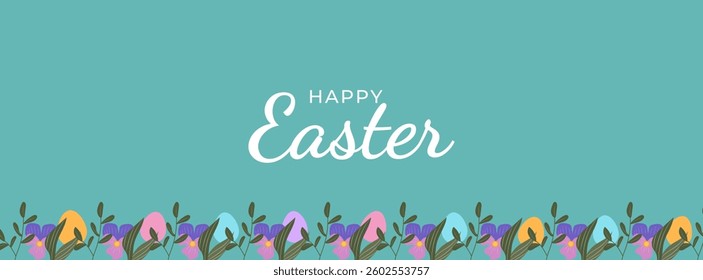 Happy Easter card with easter eggs garland and rabbit. Simple vector decoration with handwrite, spring flowers and grass