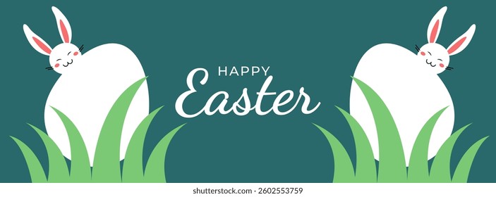 Happy Easter card with easter eggs garland and rabbit. Simple vector decoration with handwrite, spring flowers and grass