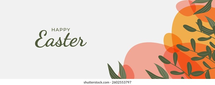 Happy Easter card with easter eggs garland and rabbit. Simple vector decoration with handwrite, spring flowers and overlay egg