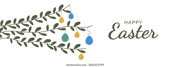 Happy Easter card with easter eggs garland and rabbit. Simple vector decoration with handwrite, spring flowers and white background