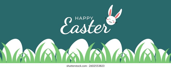 Happy Easter card with easter eggs garland and rabbit. Simple vector decoration with handwrite, spring flowers and grass