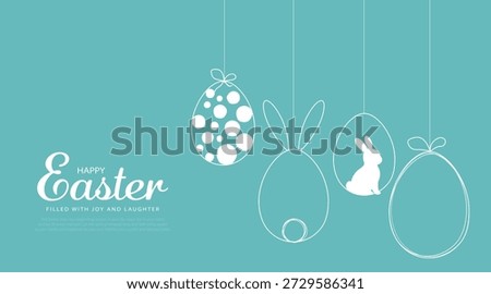 Happy Easter card with easter eggs garland and rabbit. Simple vector decoration design.