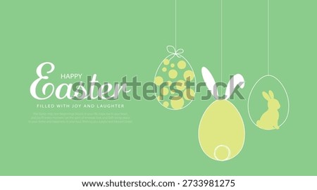 Happy Easter card with easter eggs garland and rabbit. Simple vector decoration design.