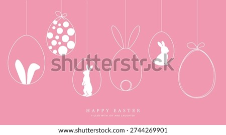 Happy Easter card with easter eggs garland and rabbit. Simple vector decoration design.