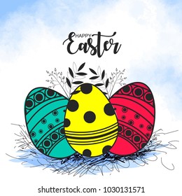 Happy Easter Card with Eggs, Grass, 