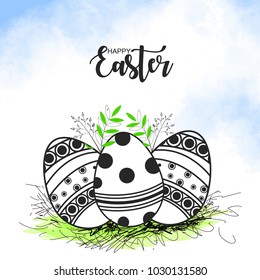 Happy Easter Card with Eggs, Grass, 