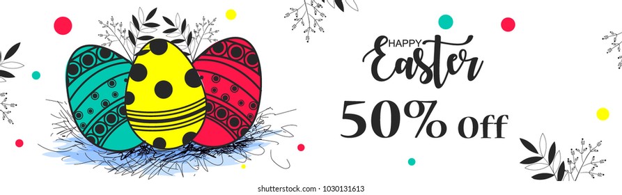 Happy Easter Card with Eggs, Grass, 