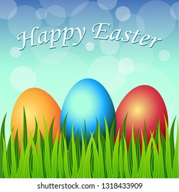 Happy Easter Card with Eggs, Grass, Flowers